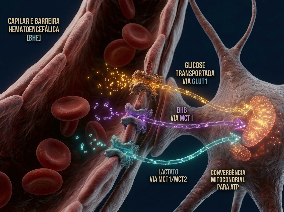 Infográfico mostrando a barreira hematoencefálica com três rotas de transporte: glicose via GLUT1, BHB via MCT1 e lactato via MCT1/MCT2, convergindo para a produção mitocondrial de ATP.
