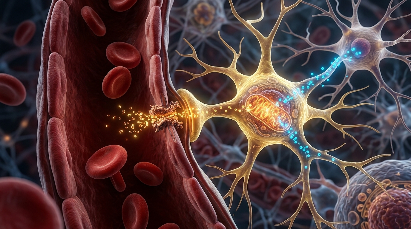Close-up de um capilar cerebral com hemácias, mostrando moléculas douradas de glicose atravessando a barreira hematoencefálica em direção a um neurônio com mitocôndria acesa.
