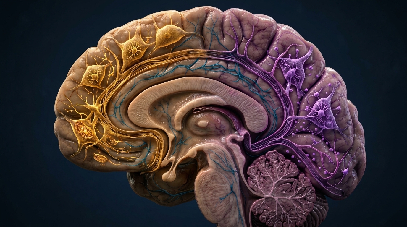 Perfil de cabeça humana com o cérebro destacado, mostrando três vias coloridas — dourada, ciano e roxa — representando as diferentes rotas de combustível que o cérebro pode utilizar.
