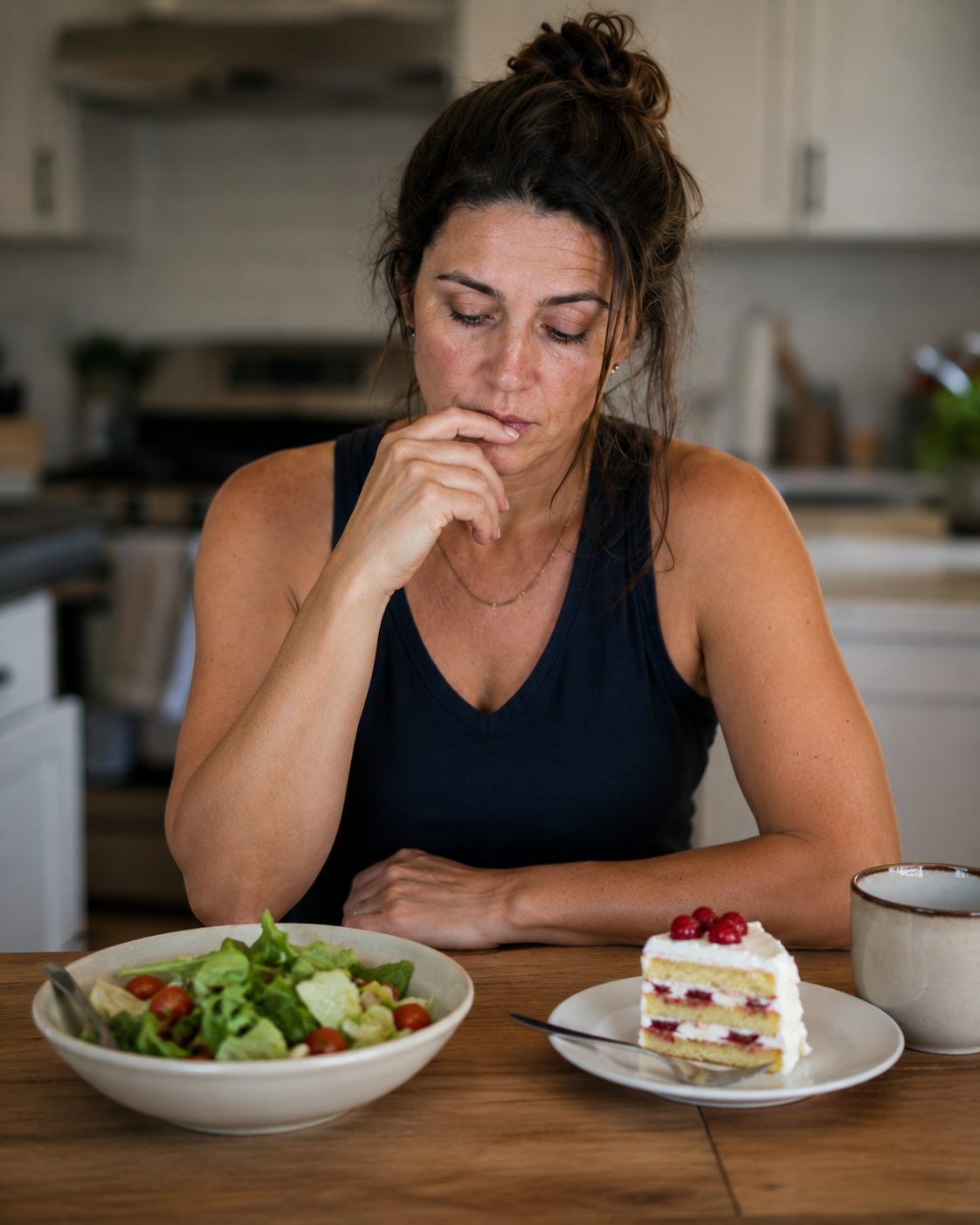 Mulher preparando uma refeição, representando as escolhas alimentares no climatério.