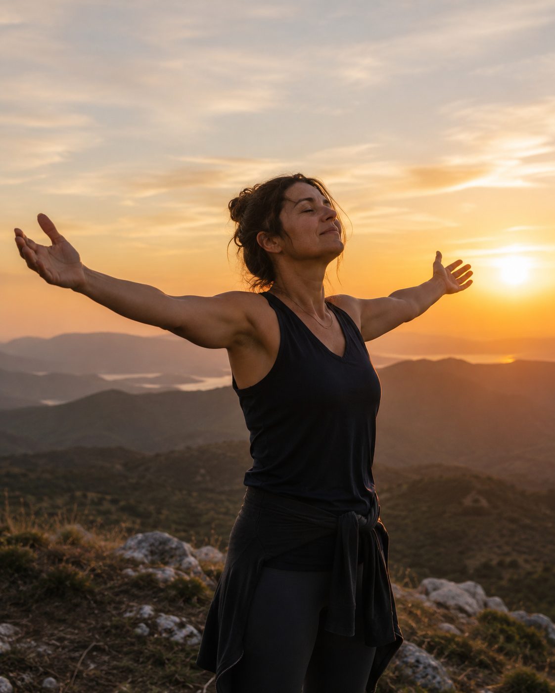 Mulher de braços abertos observando o horizonte ao amanhecer, em um momento de equilíbrio e esperança.